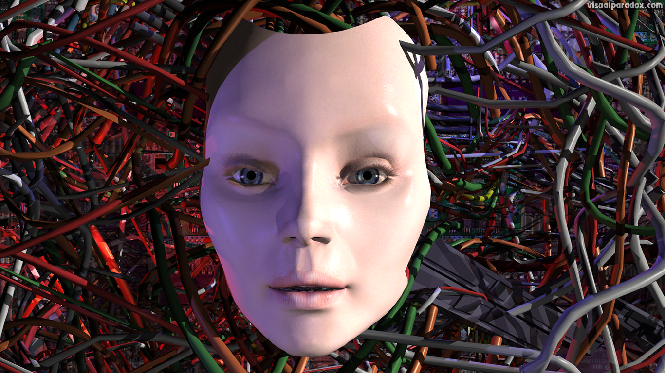 robot, computer, wires, wired, electric, female, girl, woman, AI, artificial, mechanical, electrical, replicant, android, droid, 3d, wallpaper