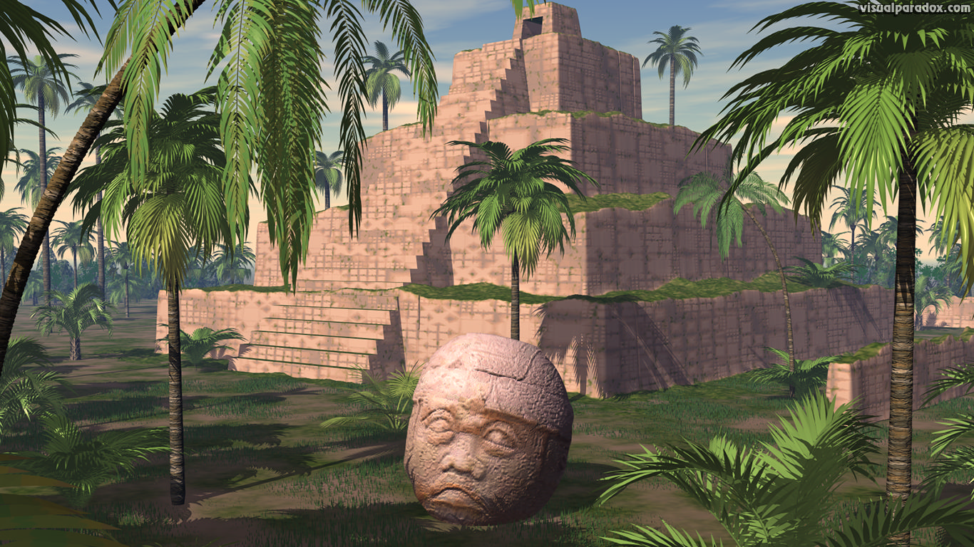 pyramid, tropical, palm, tree, stone, statue, Mayan, olmec, head, temple, 3d, wallpaper