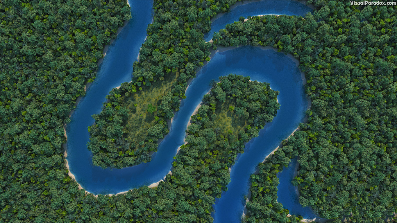 meandering, snaking, curvy, sinusoidal, snake, forest, woods, trees, erosion, oxbow, lake, pond, channel, river, stream, creek, bed, 3d, wallpaper