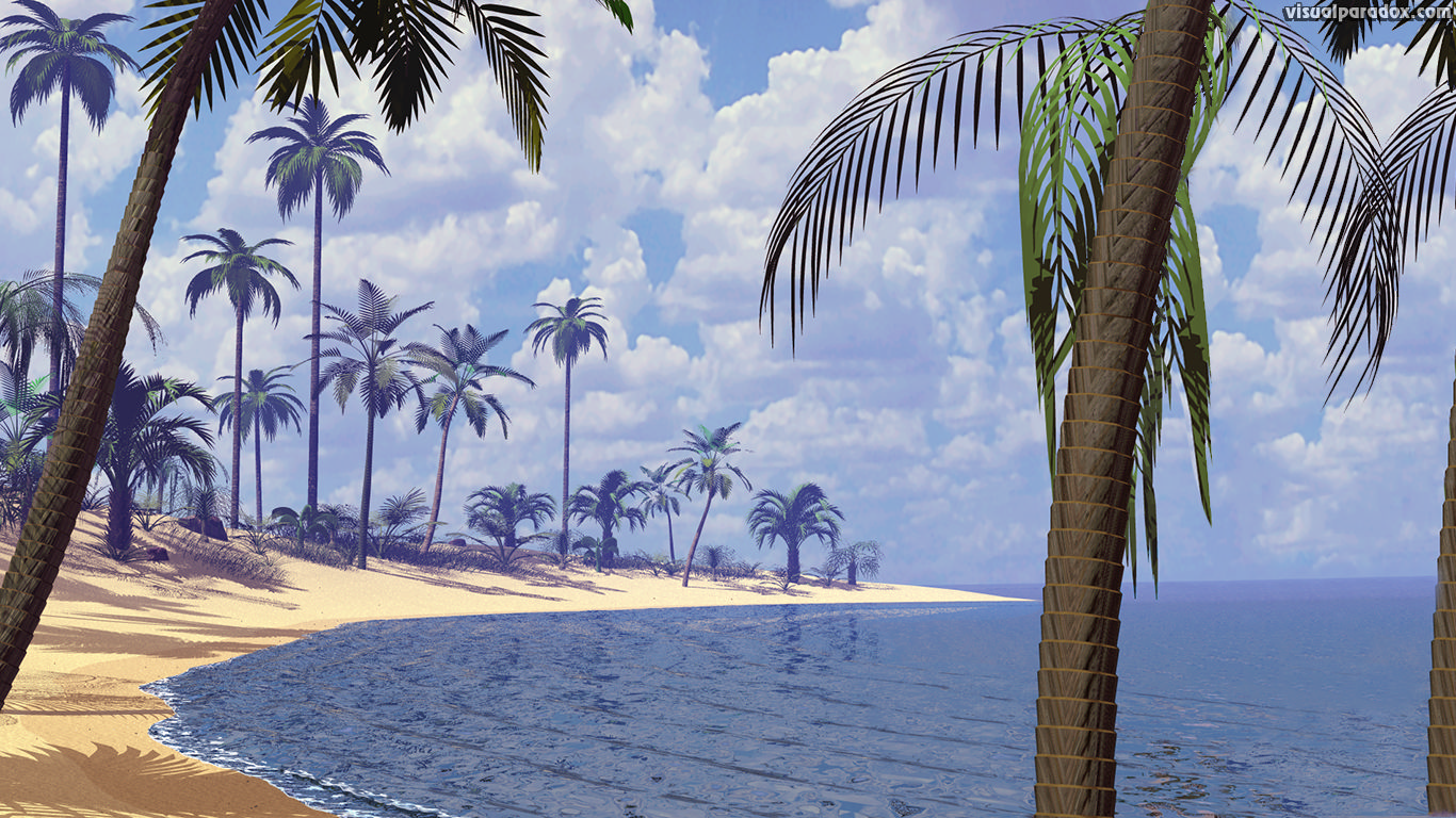 palms, ocean, water, waves, deserted, sand, surf, sun, palm trees, beaches, 3d, wallpaper