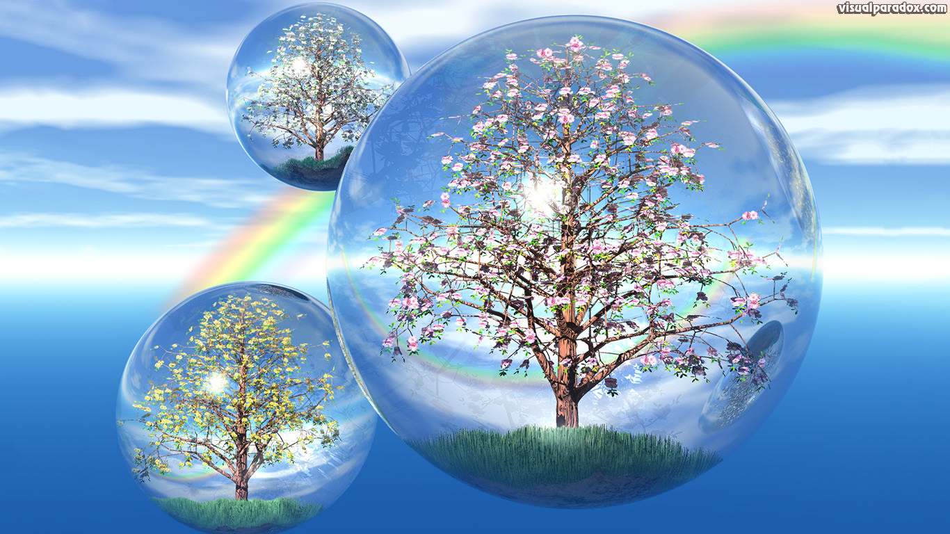 crystals, trees, sky, globes, float, bubbles, balls, fly, terrarium, flowers, blossoms, crystal, globe, blossom, flower, bud, 3d, wallpaper