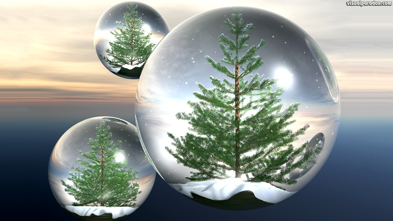 crystals, trees, sky, globes, float, bubbles, balls, fly, terrarium, snow, crystal, globe, 3d, wallpaper
