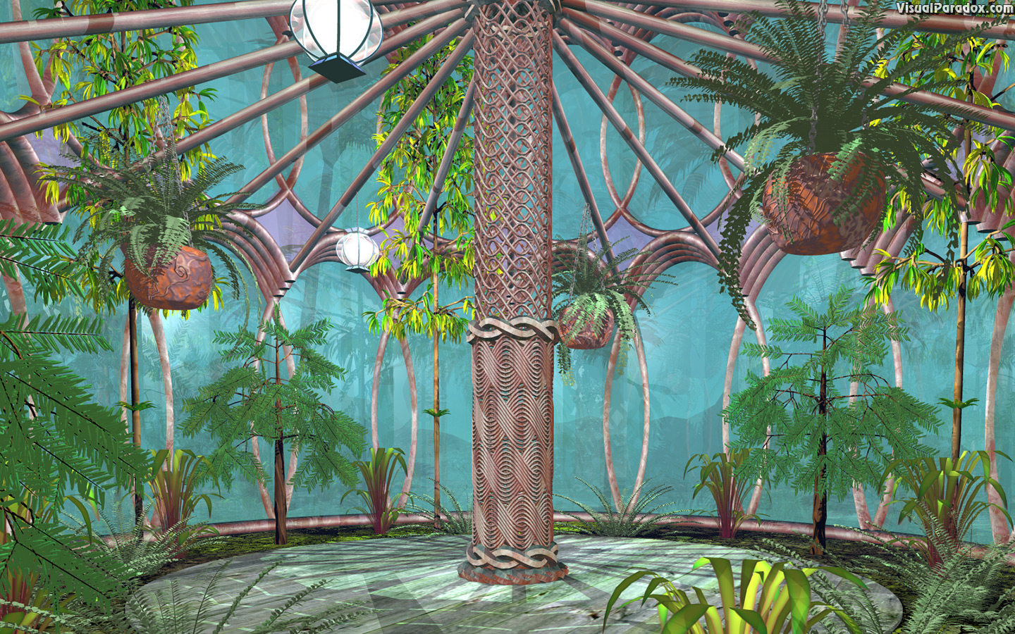 hothouse, plants, nature, glass, trees, column, house, interior, jungle, 3d, wallpaper