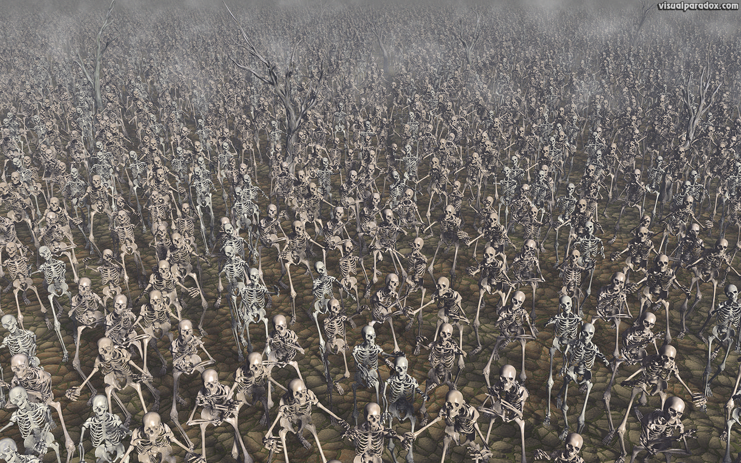 Skeletons, march, zombie, bones, skull, army, marching, crowd, chase, zombies, skeleton, attack, 3d, wallpaper