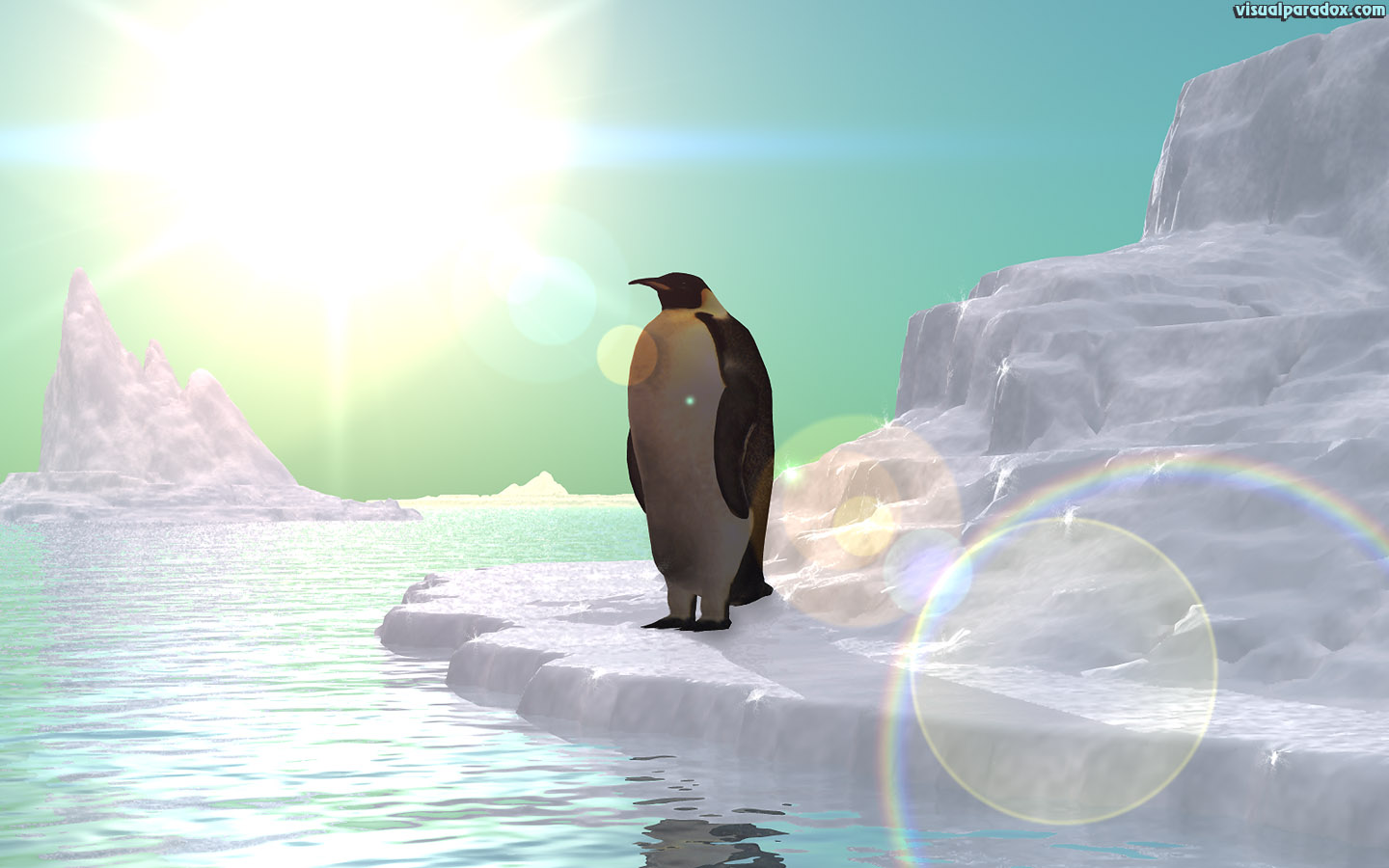 isolation, penguin, frozen, arctic, Antarctica, iceberg, Linux, emperor, sun, ice, flow, pack , 3d, wallpaper