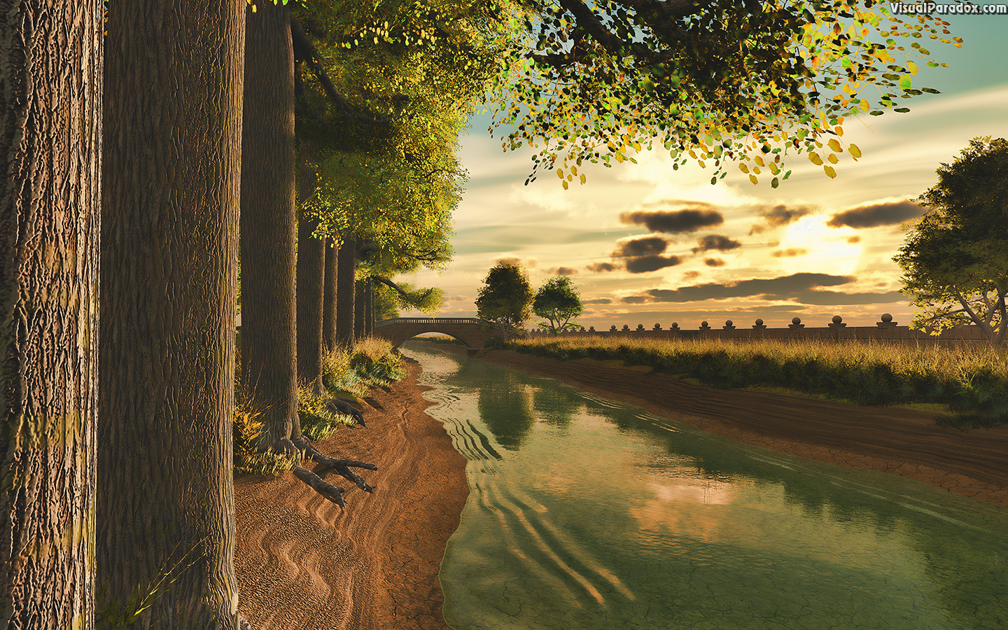 canal, stream, river, channel, creek, waterway, trees, tree-lined, cottonwood, sunset, sunrise, wall , 3d, wallpaper