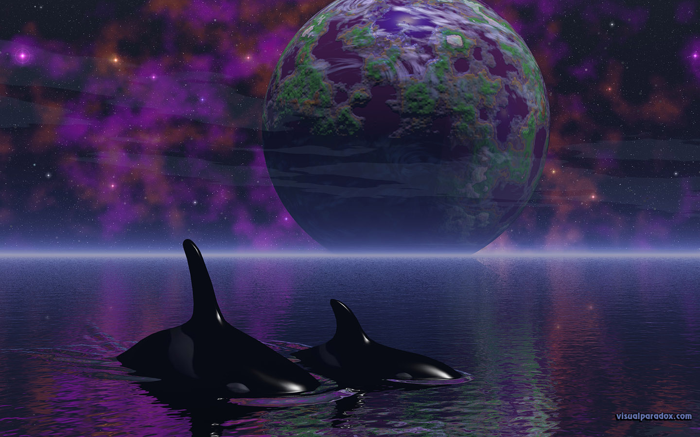 killer whales, planet, space, ocean, water, spiritual, stars, space, orca, whales, planets, 3d, wallpaper