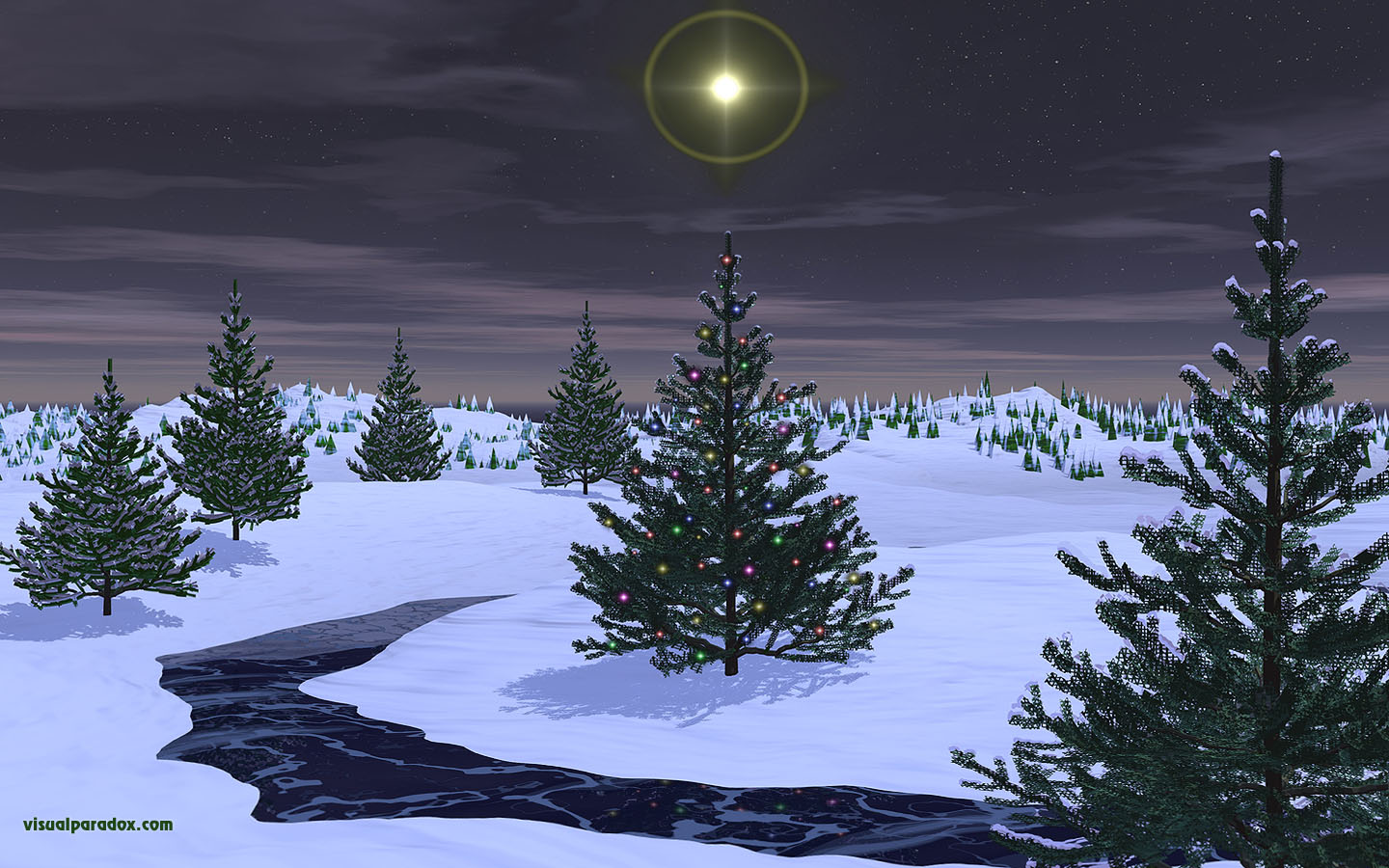 holiday, christmas, x-mas, stars, lights, snow, stream, ice, frozen, pines, trees, tree, 3d, wallpaper