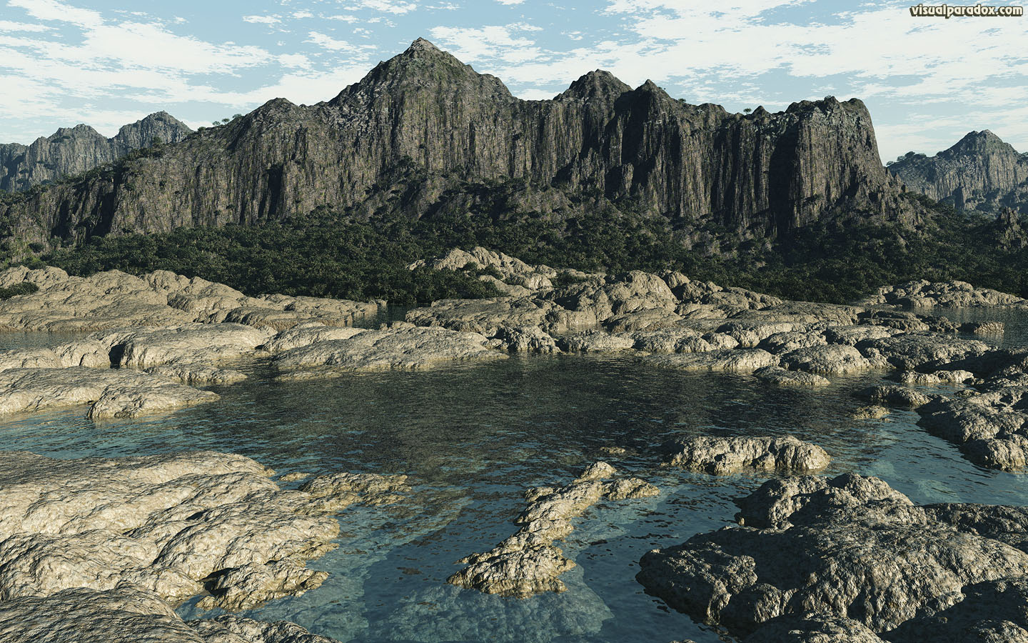 lagoon, watershed, rocky, shore, canyon, mountain, cliff, ocean, tide, water, 3d, wallpaper