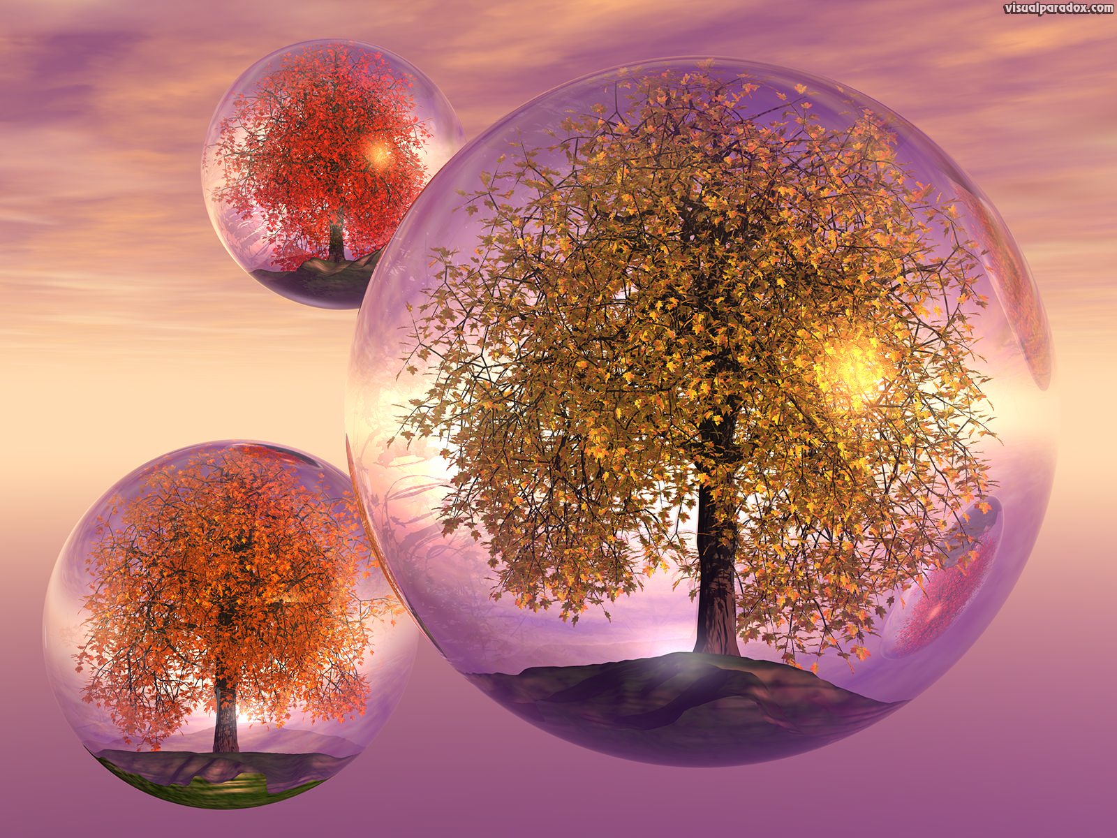 crystals, trees, autumn, fall, float, bubbles, balls, fly, terrarium, colorful, spheres, globes, crystal, sphere, balls, 3d, wallpaper