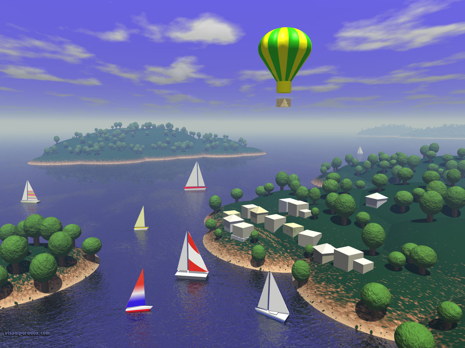 sailboats, hot, air, balloon, ocean, water, islands, trees, village, fly, sail, 3d, wallpaper