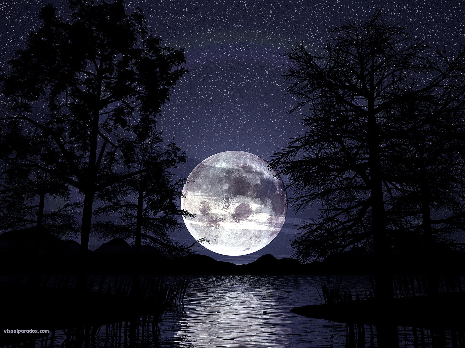 lunar, trees, lake, water, reeds, silhouette, stars, romantic, peaceful, tranquil, reflections, full, 3d, wallpaper