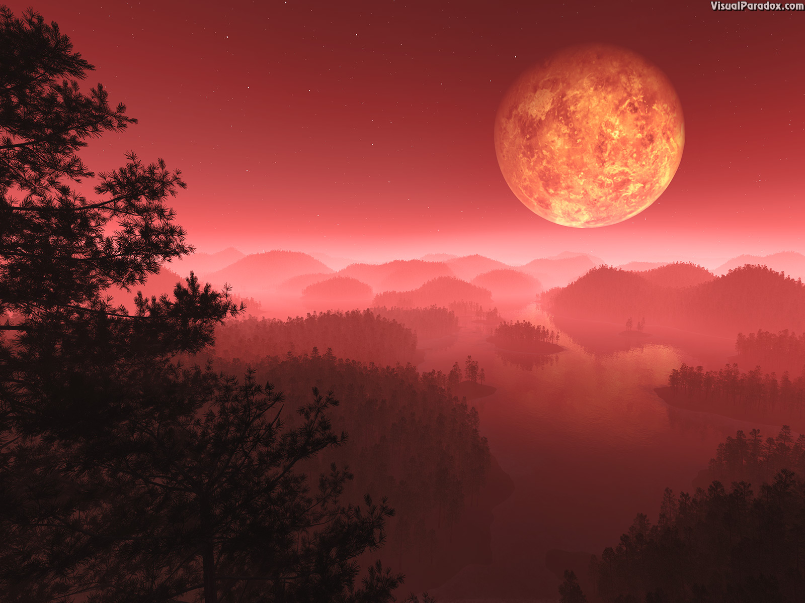 atmosphere, branches, dark, dusk, fantasy, fiery, fire-mist, fog, foot, glowing, hills, landscape, mist, moon, nature, night, orbit, planet, red, silhouette, sky, tree, twilight, venus, 3d, wallpaper