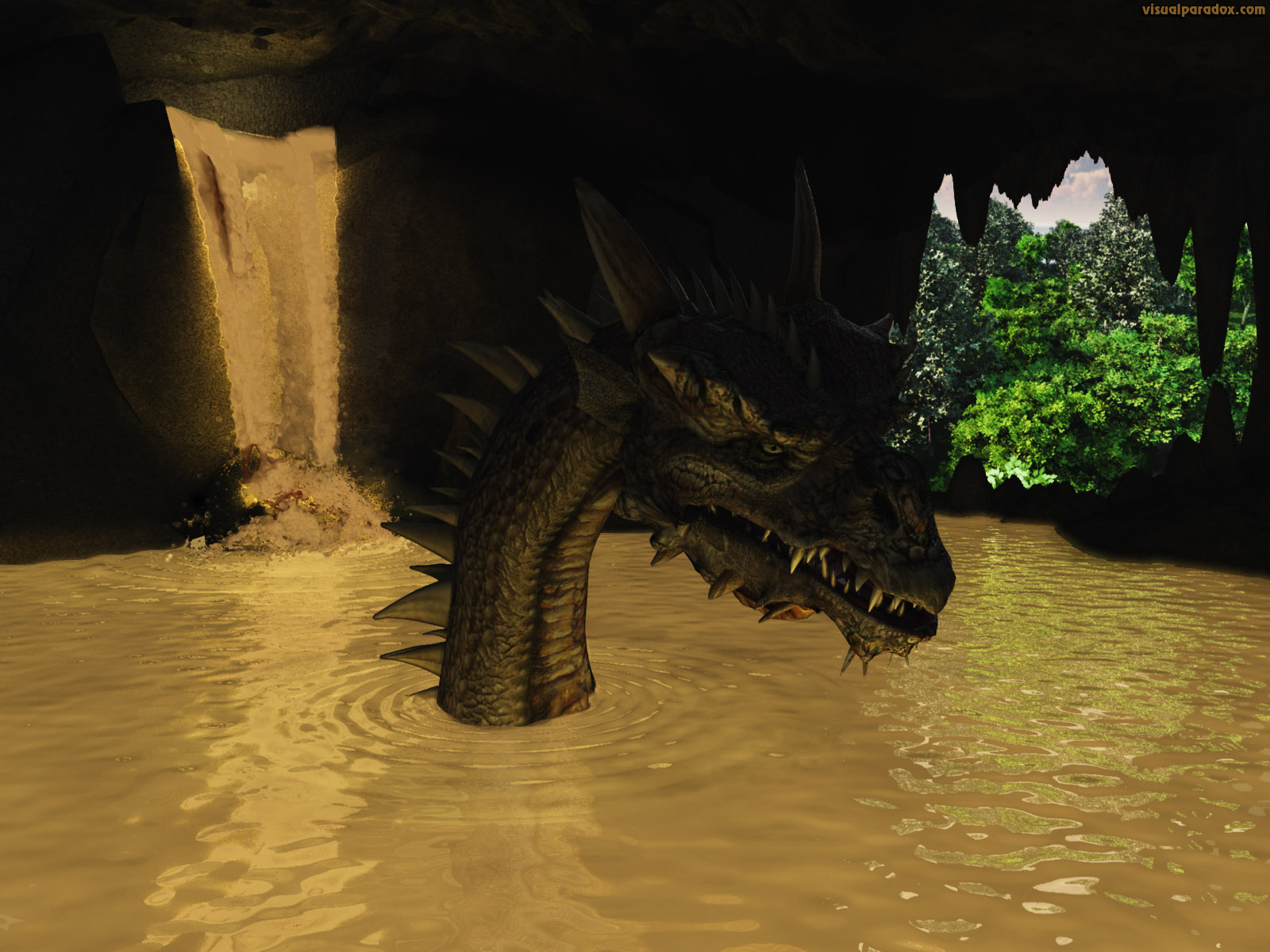 dragon, cave, den, lake, glowing, wyrm, water, toxic, monster, 3d, wallpaper