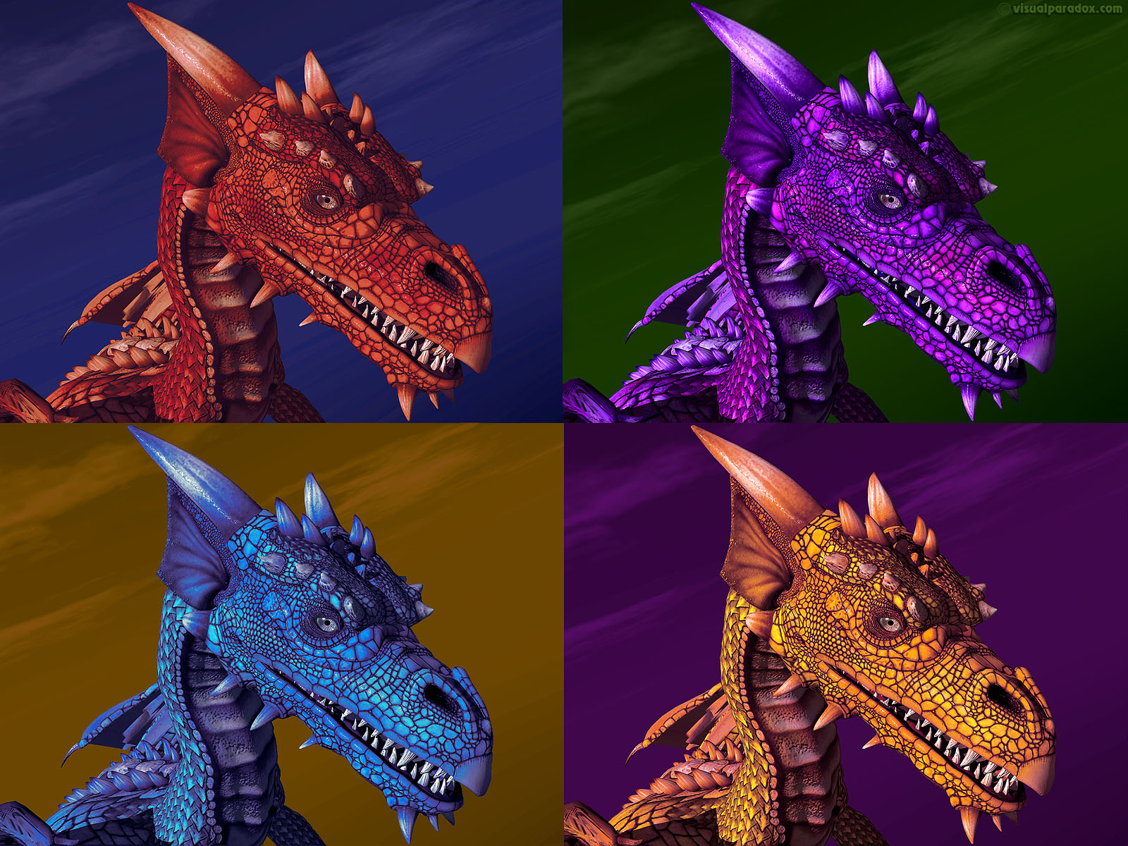 dragon, wyrm, mythical, monster, soar, closeup, detail, violet, purple, blue, red, yellow, fire, ice, warhol, dragons, 3d, wallpaper