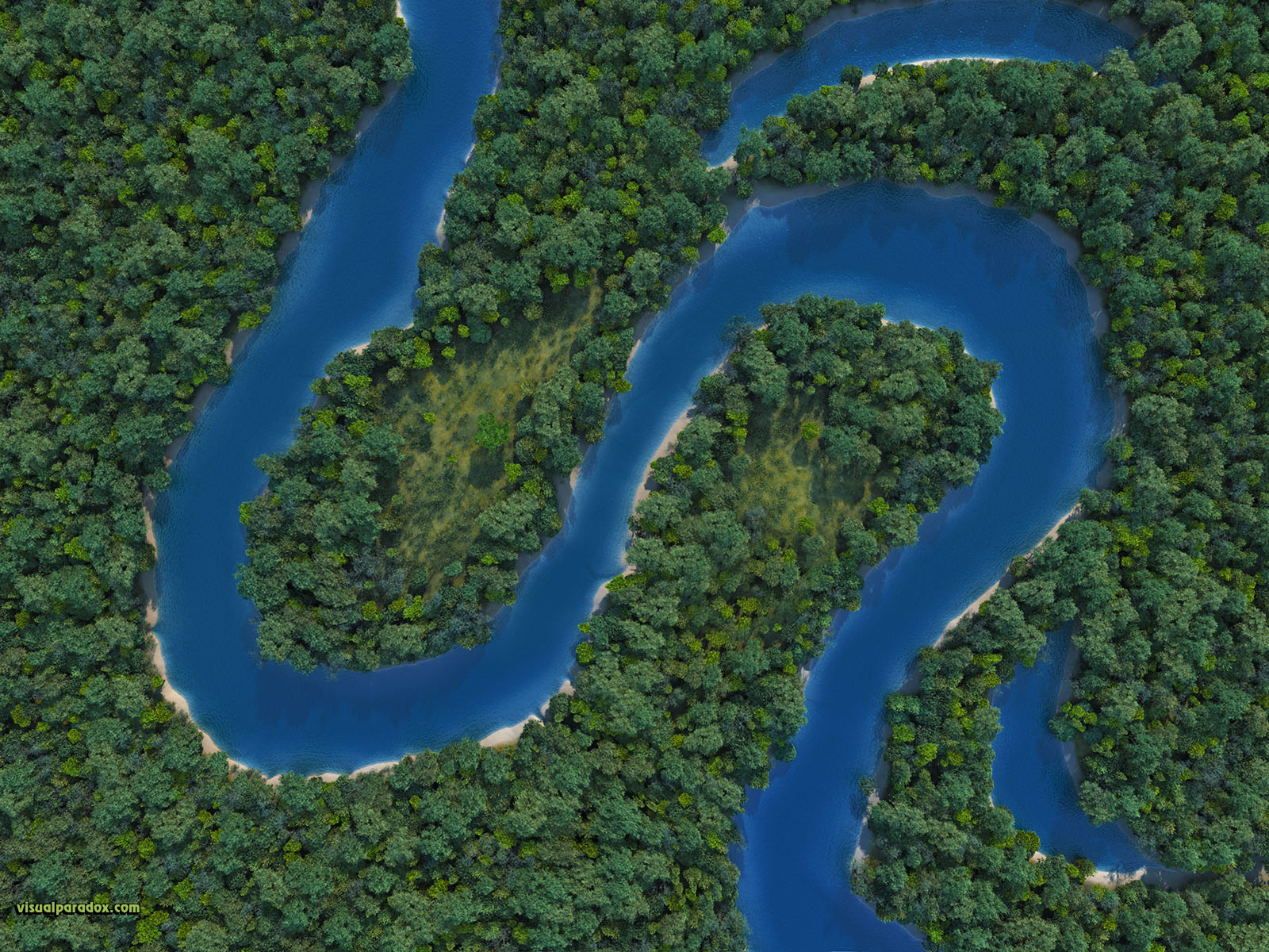 meandering, snaking, curvy, sinusoidal, snake, forest, woods, trees, erosion, oxbow, lake, pond, channel, river, stream, creek, bed, 3d, wallpaper