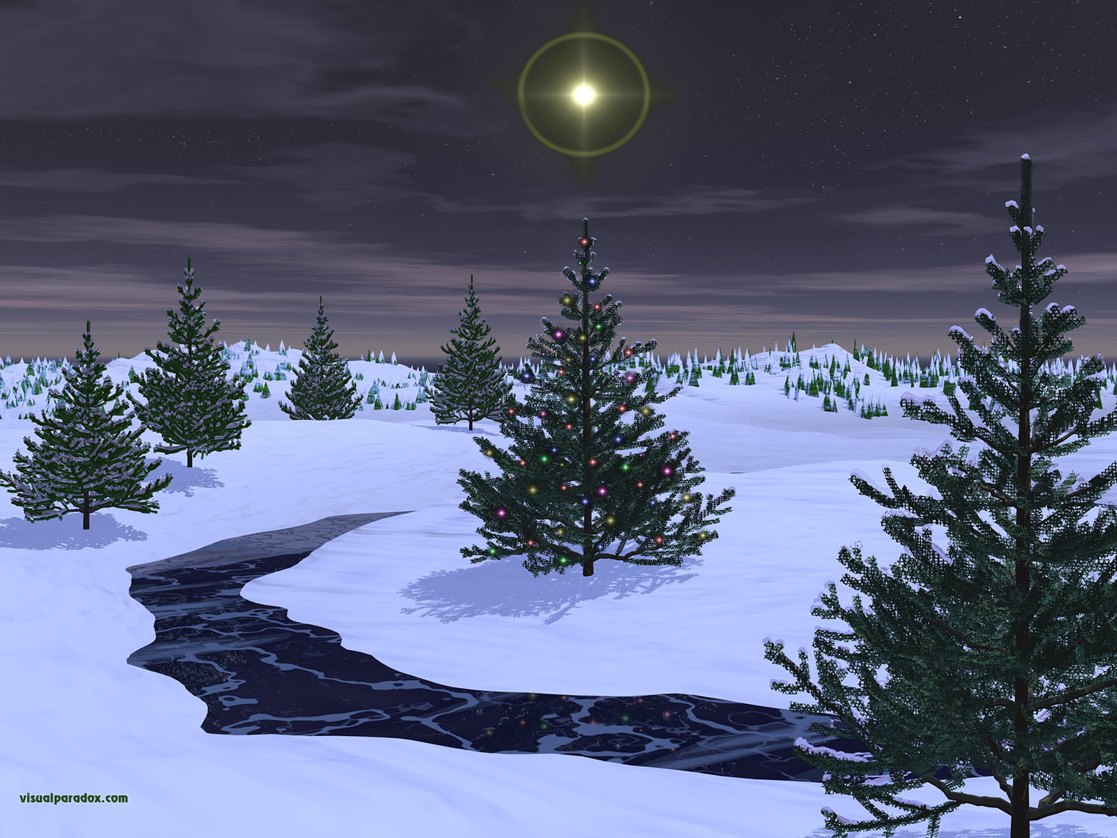 holiday, christmas, x-mas, stars, lights, snow, stream, ice, frozen, pines, trees, tree, 3d, wallpaper