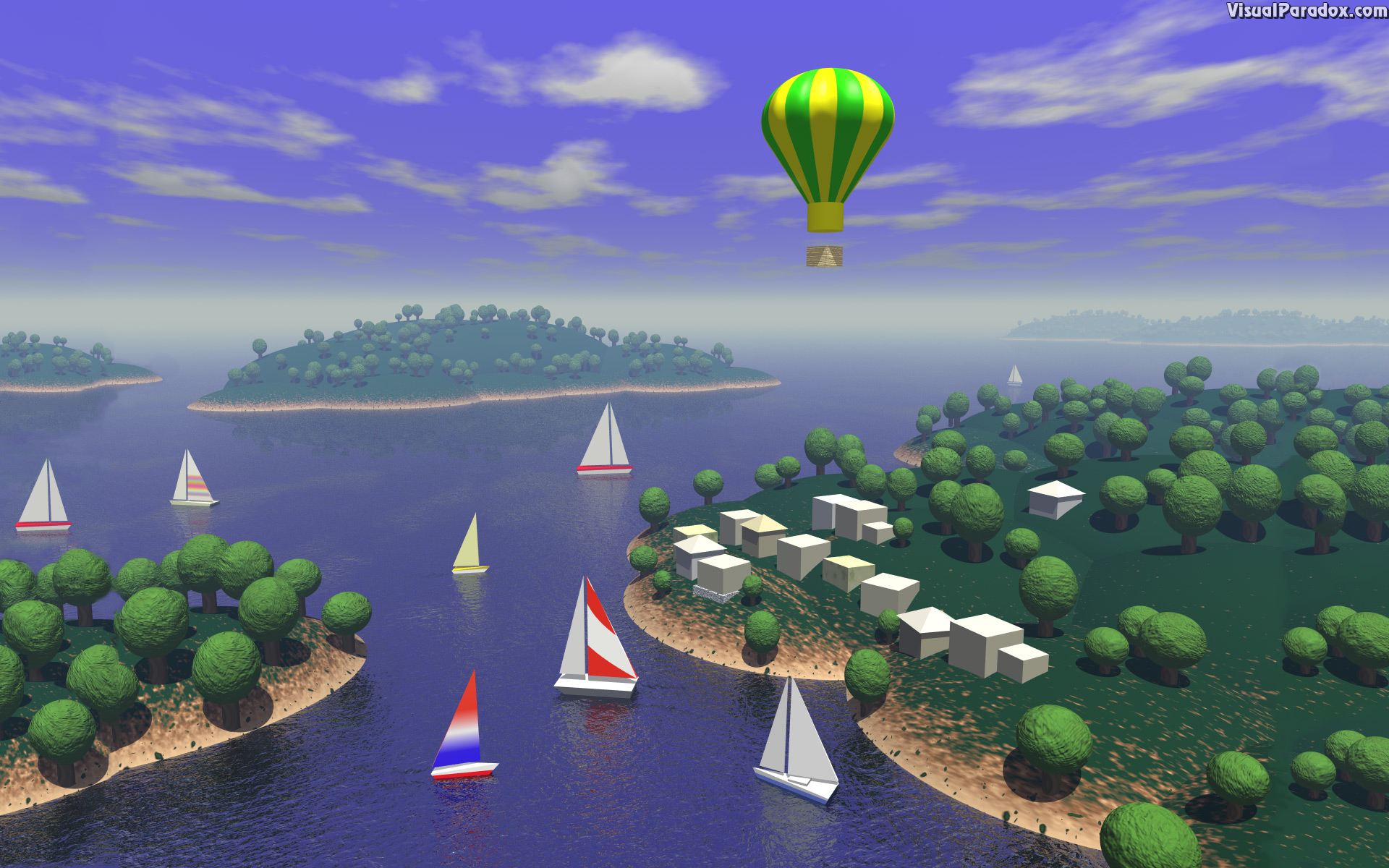 sailboats, hot, air, balloon, ocean, water, islands, trees, village, fly, sail, 3d, wallpaper