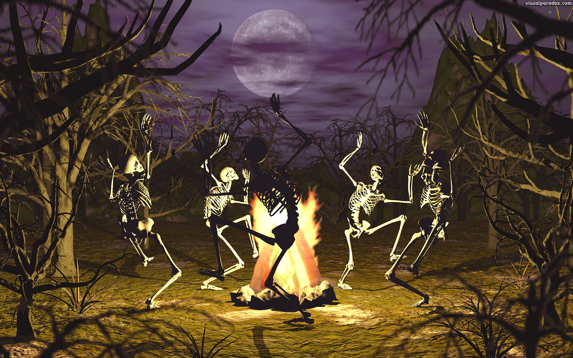 dancing, skeletons, campfire, coven, gothic, undead, conjuring, bones, full moon, trees, scary, haunted, halloween, skeleton, 3d, wallpaper