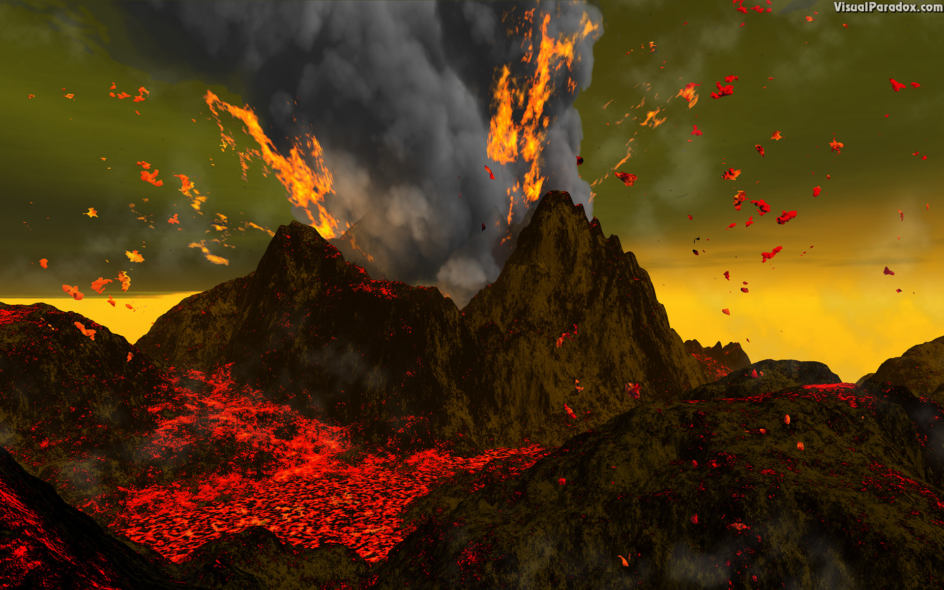 eruption, explosion, hell, lava, red, volcanic, volcano, mountain, magma, ash, smoke, fire, active, volcanoes, erupt, volcanology, 3d, wallpaper
