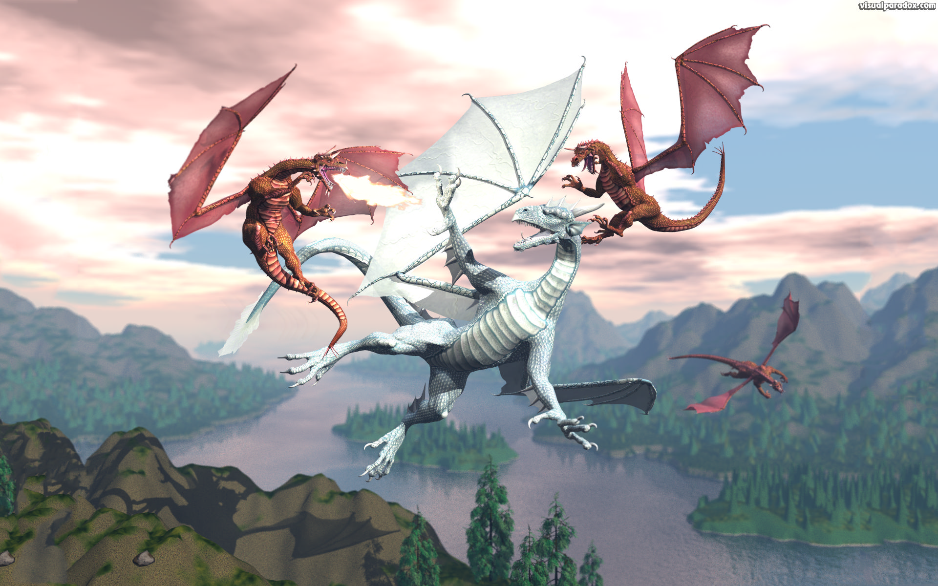 dragon, fight, attack,ambush, breath, blow,draco, frost, flame,dragons, red, blue, 3d, wallpaper