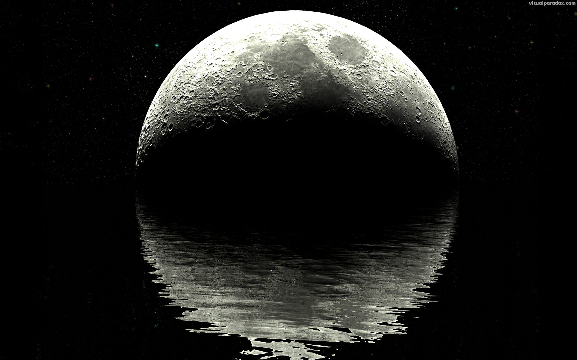 moon, lunar, ocean, water, waves, ripples, night, stars, planet, reflection, planets, black, white, sea, craters, 3d, wallpaper
