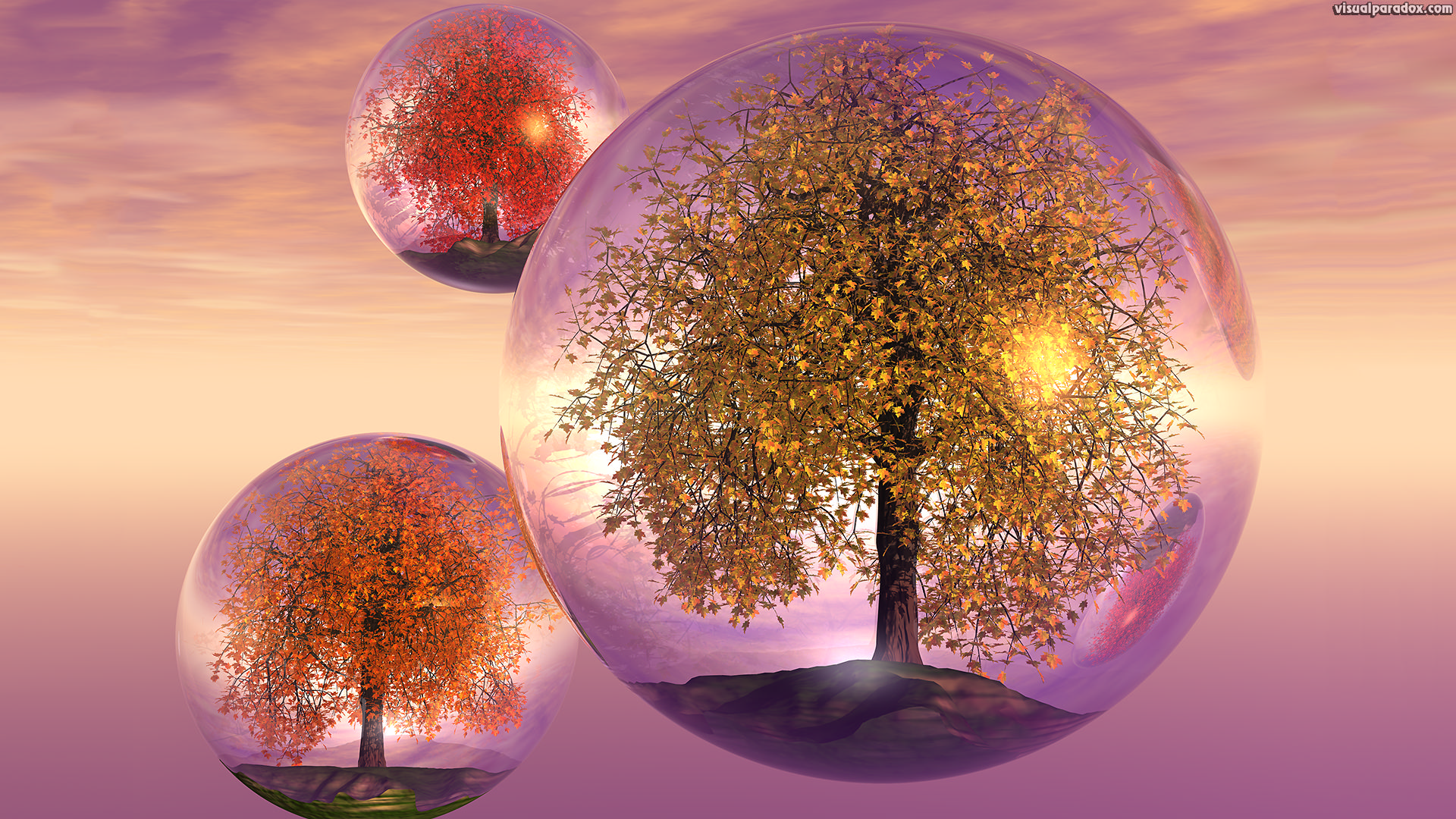 crystals, trees, autumn, fall, float, bubbles, balls, fly, terrarium, colorful, spheres, globes, crystal, sphere, balls, 3d, wallpaper