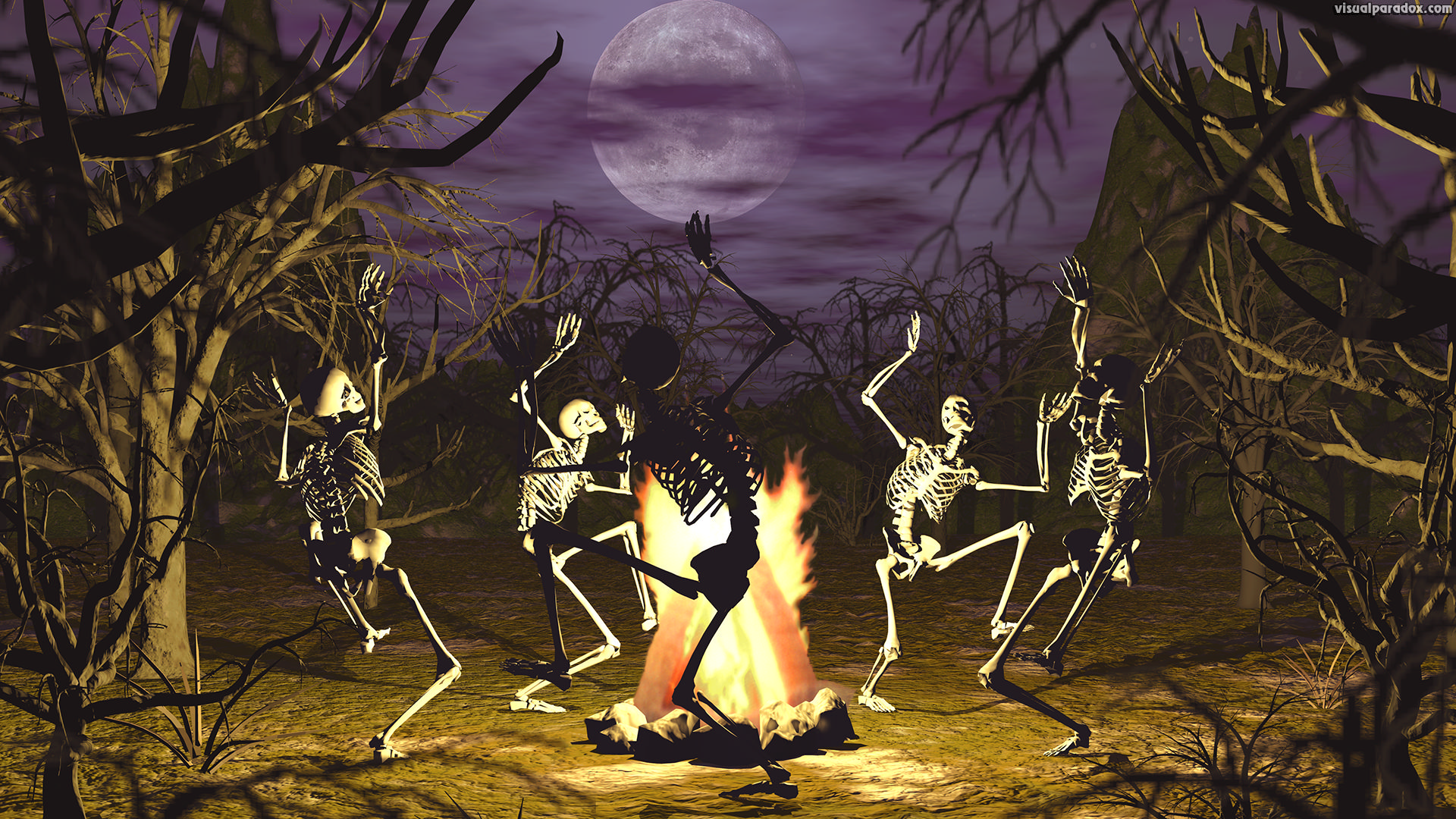 dancing, skeletons, campfire, coven, gothic, undead, conjuring, bones, full moon, trees, scary, haunted, halloween, skeleton, 3d, wallpaper