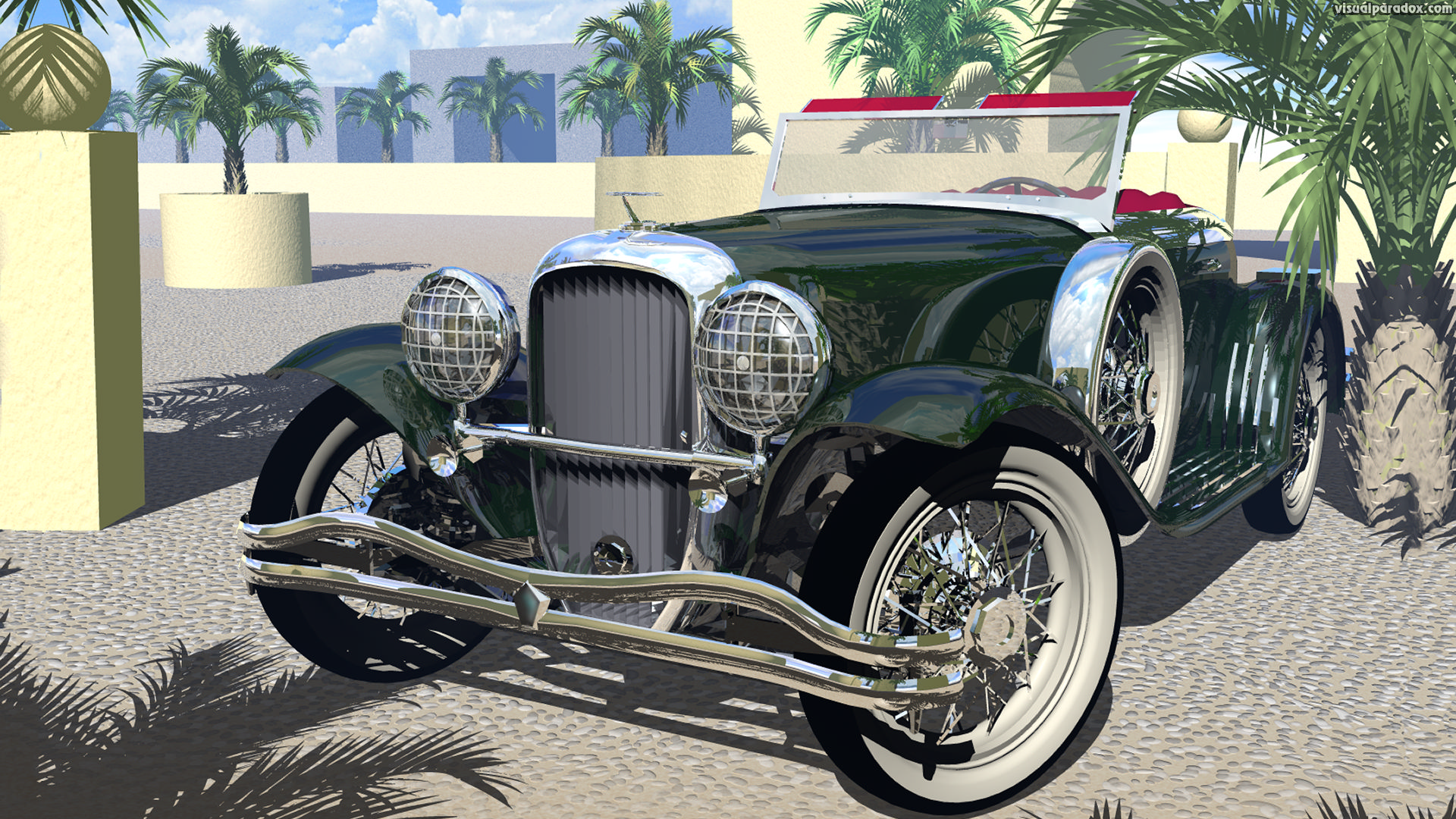 car, parked, palm trees, shiny, old, polished, cars, auto, automobile, autos, 3d, wallpaper