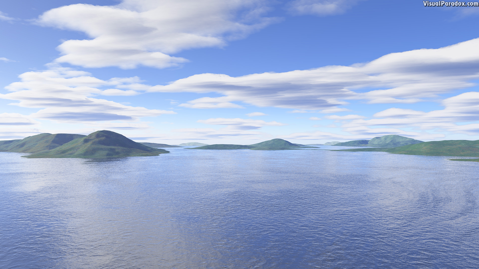 water, waves, ocean, islands, clouds, sky, blue, lagoon, lake, island, 3d, wallpaper