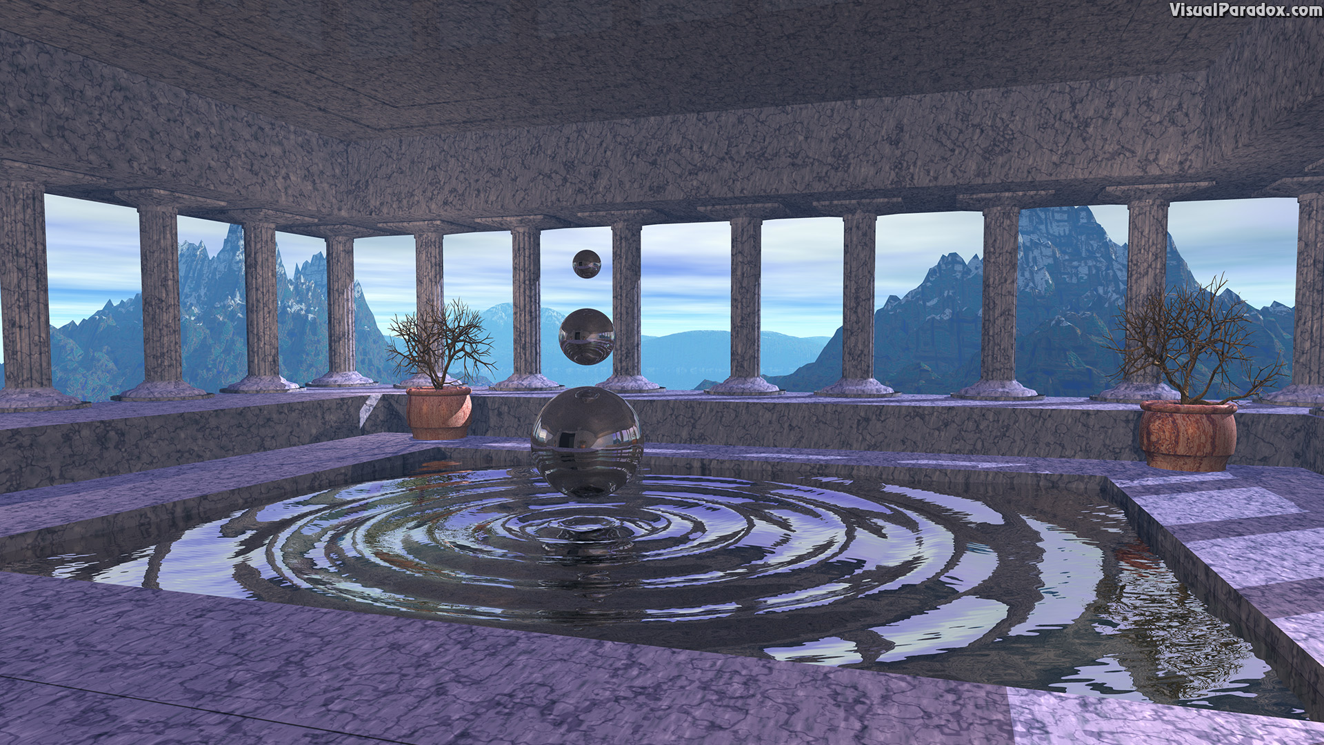 fountain, pillars, temple, water, dancing, spheres, ripples, waves, magical, 3d, wallpaper