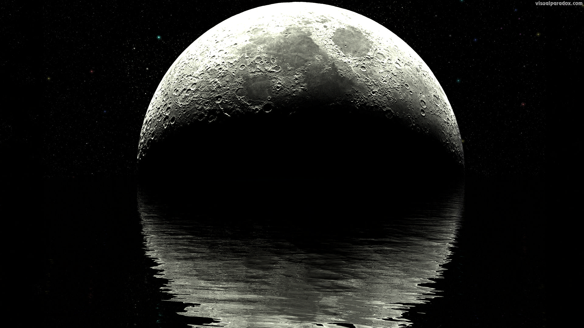 moon, lunar, ocean, water, waves, ripples, night, stars, planet, reflection, planets, black, white, sea, craters, 3d, wallpaper