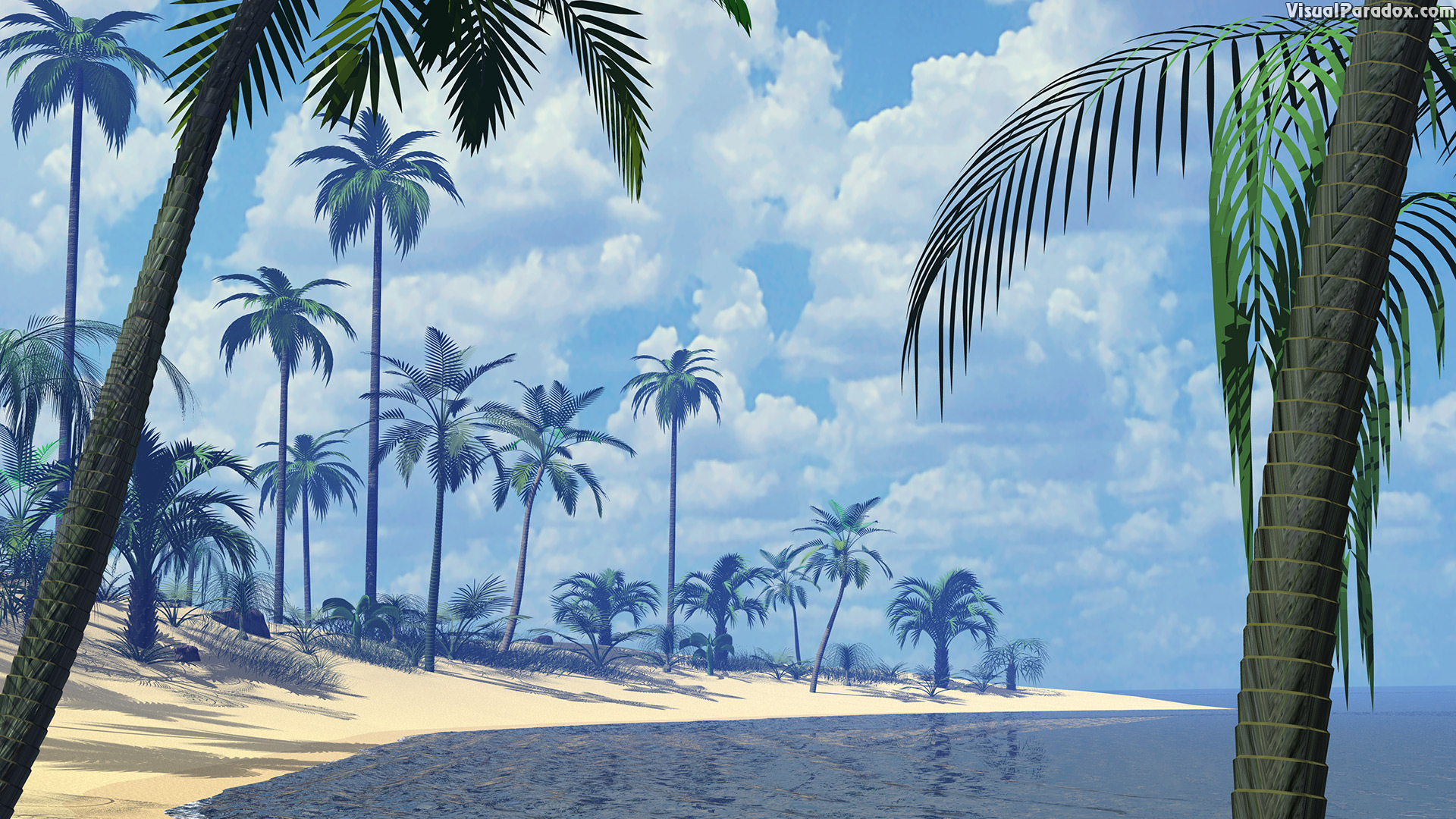palms, ocean, water, waves, deserted, sand, surf, sun, palm trees, beaches, 3d, wallpaper