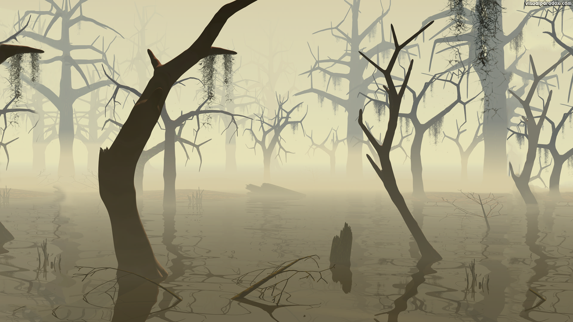 marsh, wetland, watershed, flood, quagmire,everglades, trees, forest, bottoms, dead, decay, forboding, scary, creepy, 3d, wallpaper