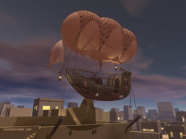 balloon, float, dirigible, ship, boat, fly, flying, helium, hydrogen, hot, city, flight, night, free, 3d, wallpaper