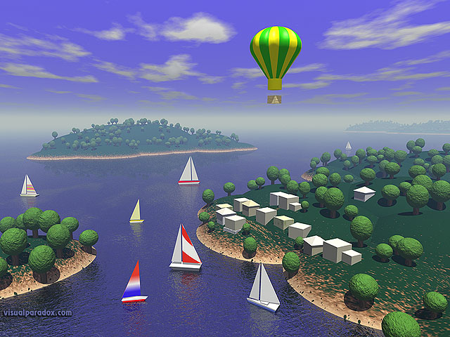 sailboats, hot, air, balloon, ocean, water, islands, trees, village, fly, sail, free, 3d, wallpaper