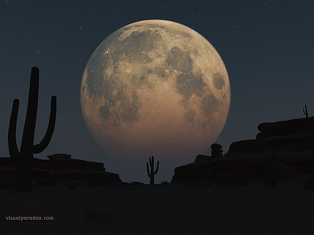lunar, moon, planet, desert, sand, cactus, night, full moon, free, 3d, wallpaper