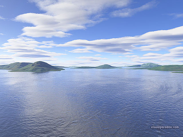 water, waves, ocean, islands, clouds, sky, blue, lagoon, lake, island, free, 3d, wallpaper