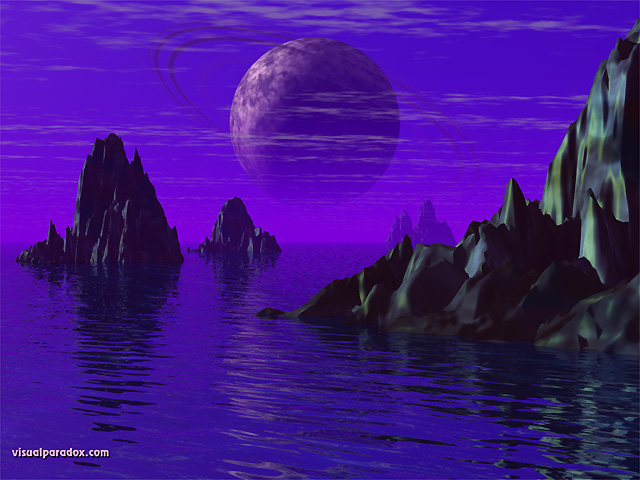 ringed planet, ocean, sea, rocks, spires, horizon, saturn, free, 3d, wallpaper