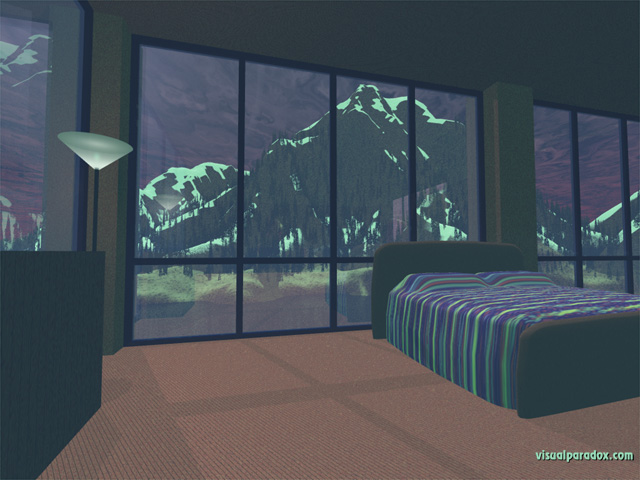 bedroom, mountain, windows, furniture, house, mountains, free, 3d, wallpaper