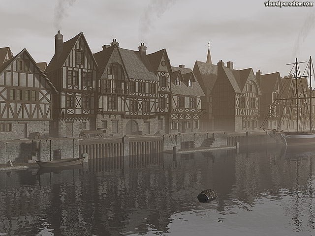 harbor, ocean, ship, village, city, medieval, town, water, bay, half timber, house  , free, 3d, wallpaper