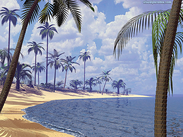 palms, ocean, water, waves, deserted, sand, surf, sun, palm trees, beaches, free, 3d, wallpaper