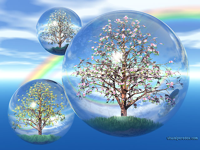 crystals, trees, sky, globes, float, bubbles, balls, fly, terrarium, flowers, blossoms, crystal, globe, blossom, flower, bud, free, 3d, wallpaper