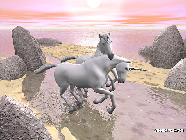 one, horn, two, horse, sun, shore, tidal, gallop, run, frolic, unicorns, valentines day, free, 3d, wallpaper