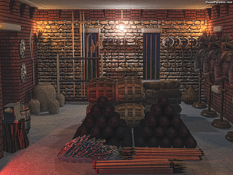 armoury, armory, weapons, ammo, artillery, powder, tower, keep, fort, medieval, armor, stone, room, cannon, balls, arrow, spear, axe, sword, mace, pole-arm, buckler, shield, equipment, kegs, anvil, forge, , 3d, wallpaper