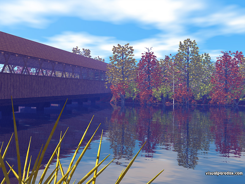 fall, colors, leaves, yellow, red, orange, season, change, covered bridge, forest, trees, arbor, tree, 3d, wallpaper