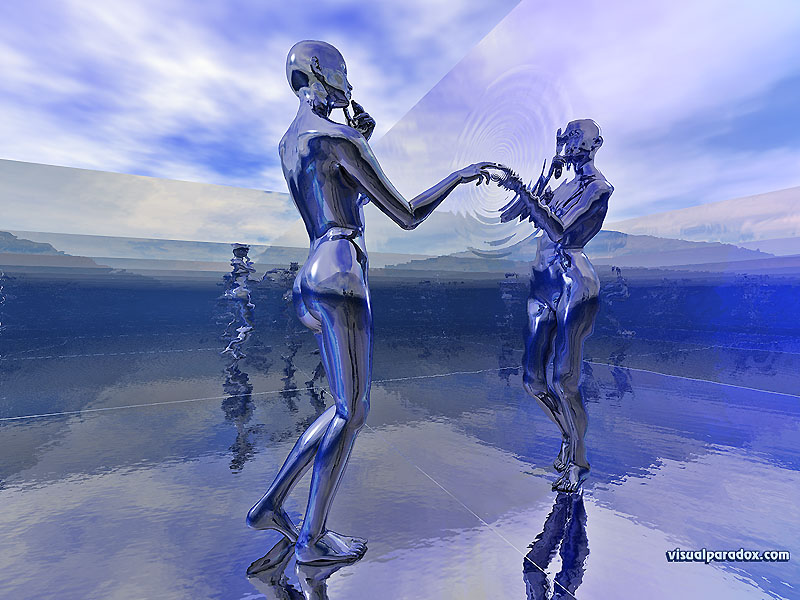 chrome, woman, mirror, reflection, ripples, curious, water, 3d, wallpaper