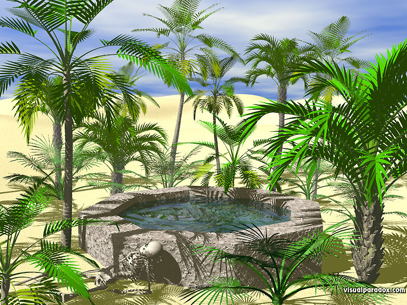 palm trees, desert, well, water hole, skeleton, hot, sand, dunes, tree, 3d, wallpaper