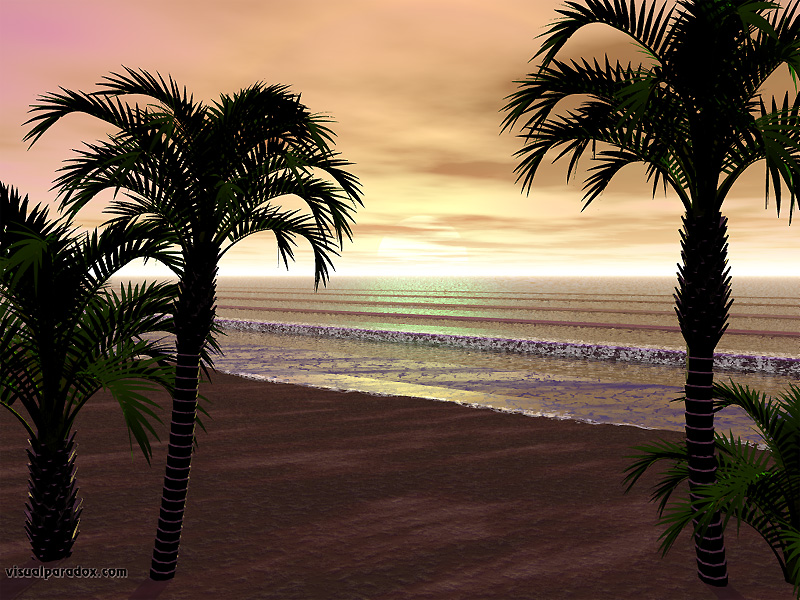 waves, beach, palm trees, breakers, sea, foam, sand, sunset, 3d, wallpaper