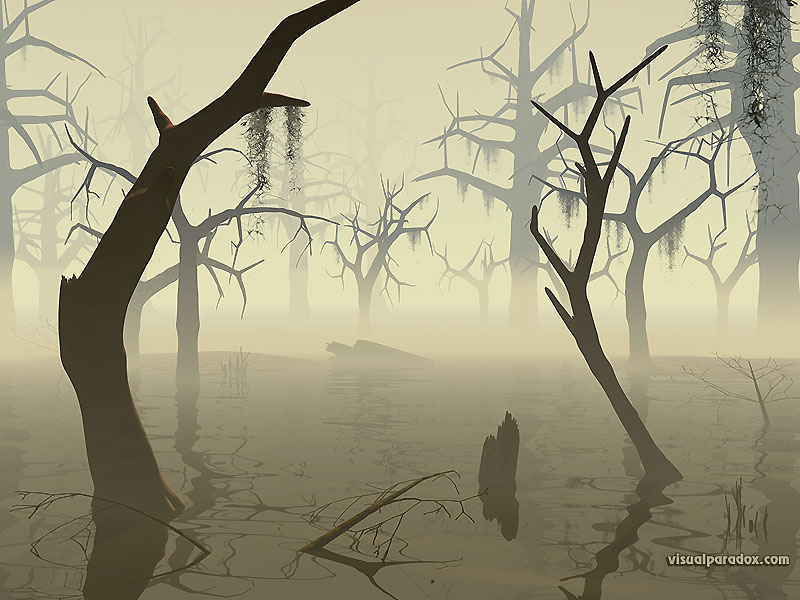 marsh, wetland, watershed, flood, quagmire,everglades, trees, forest, bottoms, dead, decay, forboding, scary, creepy, 3d, wallpaper